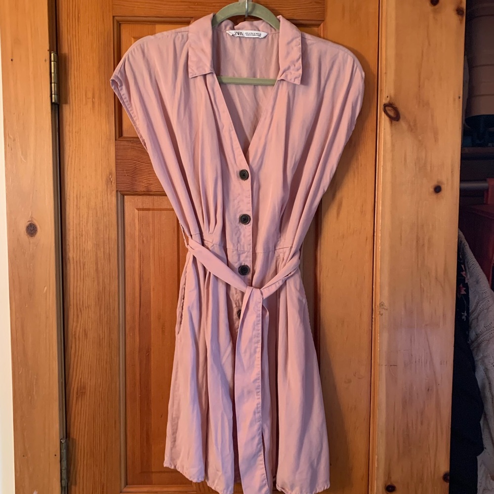 ZARA Mauve Cap Sleeve Button Tie Waist Dress sz M